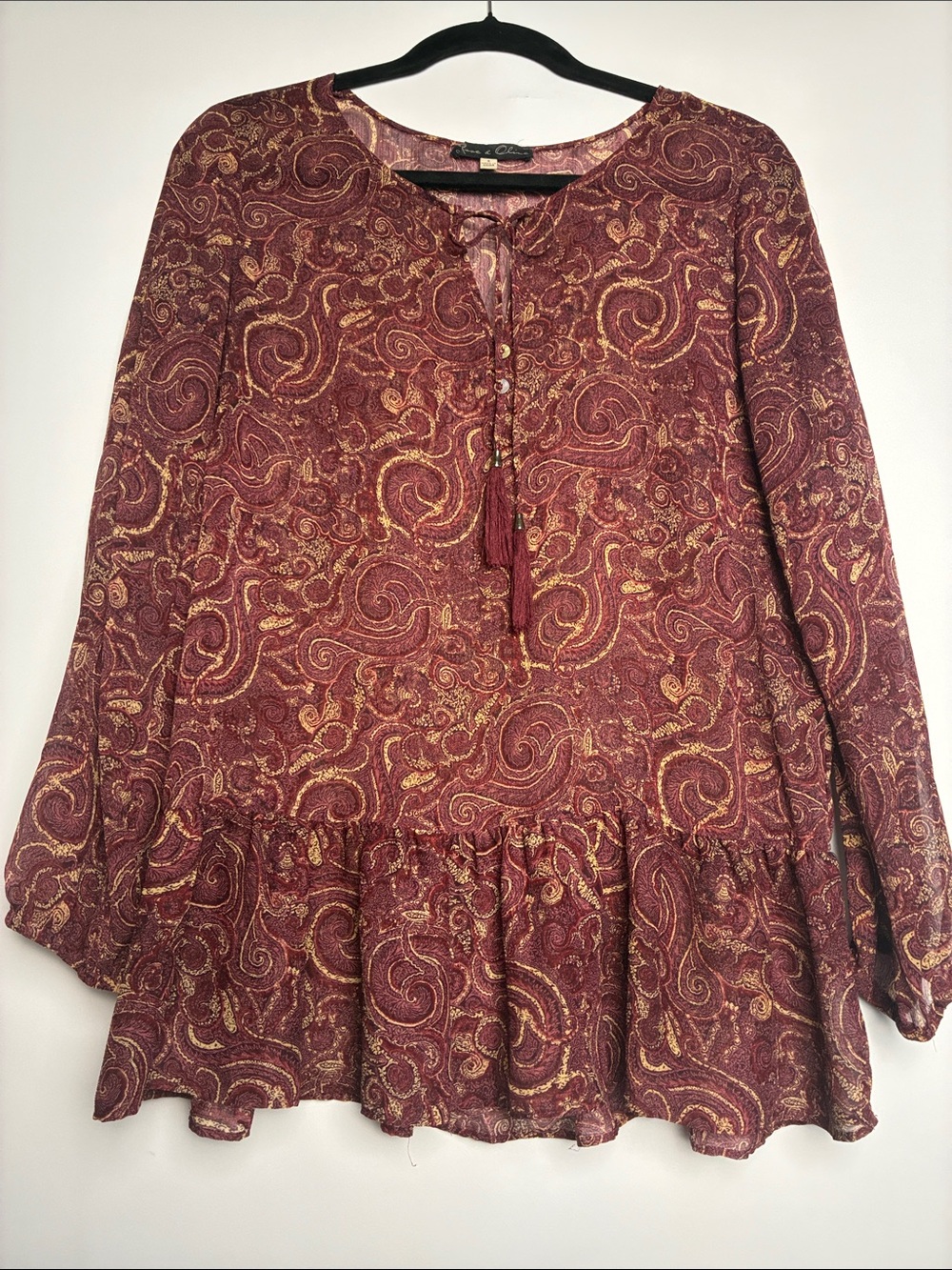 Bohemian Rose & Olive Burgundy Paisley Blouse with Tan Accents
